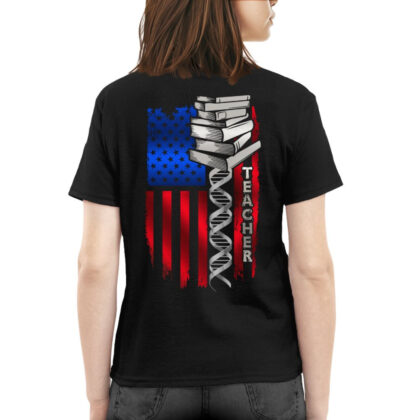 DNA Flag Teacher – Patriotic Books & Science Design T-Shirt
